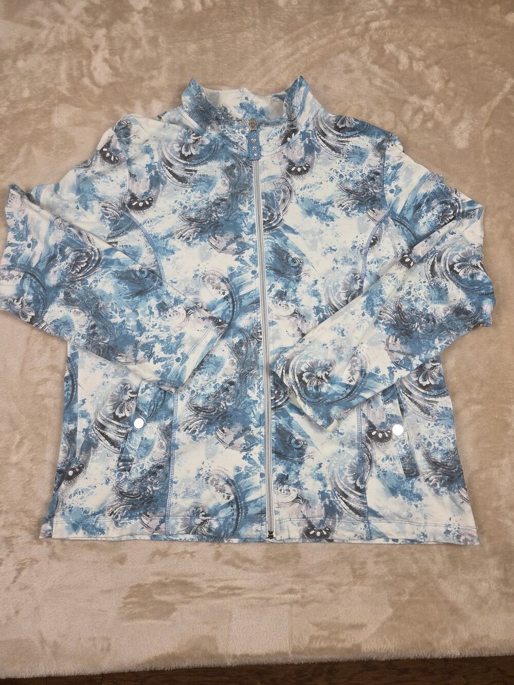 Onque Casual Zip Up Jacket XL Blue White Paisley Abstract Art Wear Lightweight